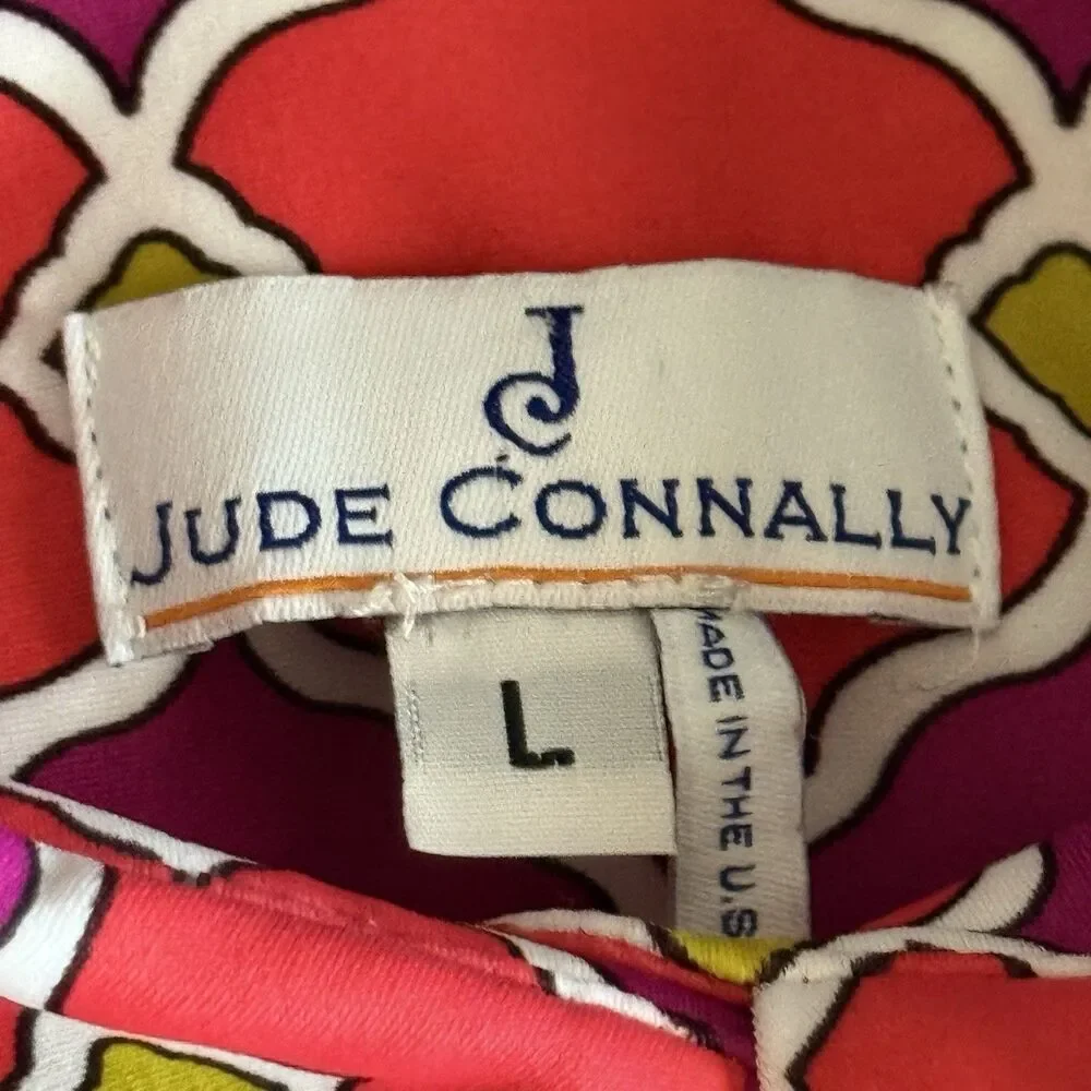 Jude Connally Moroccan Lattice shift dress Size L Red Pink Purple Geo Print Tie
